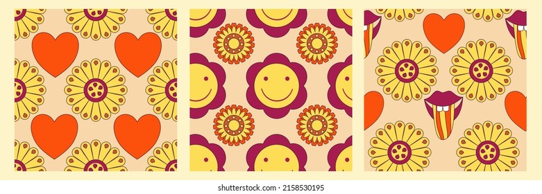 Groovy y2k patrón retro con flor y fondo giratorio de los 70. Diseño de flores de margarita. Resumen de la impresión colorida a la moda. Gráfico de ilustración vectorial. Impresión vintage. Papel de fondo psicodélico