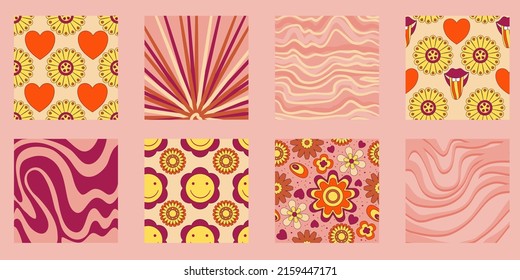 Groovy y2k retro pattern with flower and swirl 70s background. Daisy flower design. Abstract trendy colorful print. Vector illustration graphic. Vintage print. Psychedelic wallpaper.