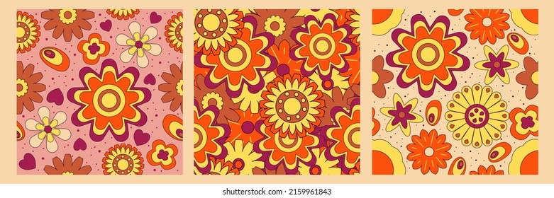 Groovy y2k retro pattern with flower and swirl 70s background. Daisy flower design. Abstract trendy colorful print. Vector illustration graphic. Vintage print. Psychedelic wallpaper