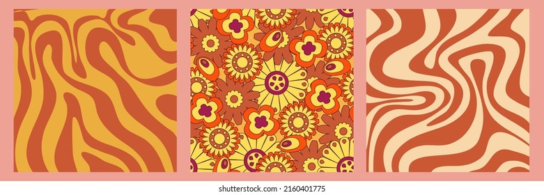 Groovy y2k retro pattern with flower and swirl 70s background. Daisy flower design. Abstract trendy colorful print. Vector illustration graphic. Vintage print. Psychedelic wallpaper