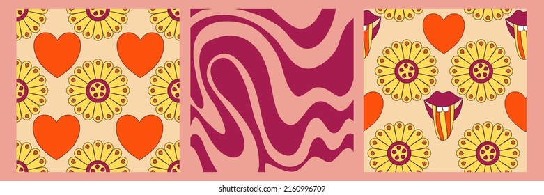 Groovy y2k retro pattern with flower and swirl 70s background. Daisy flower design. Abstract trendy colorful print. Vector illustration graphic. Vintage print. Psychedelic wallpaper