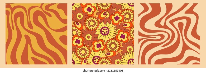 Groovy y2k retro pattern with flower and swirl 70s background. Daisy flower design. Abstract trendy colorful print. Vector illustration graphic. Vintage print. Psychedelic wallpaper