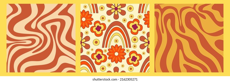 Groovy y2k retro pattern with flower and swirl 70s background. Daisy flower design. Abstract trendy colorful print. Vector illustration graphic. Vintage print. Psychedelic wallpaper