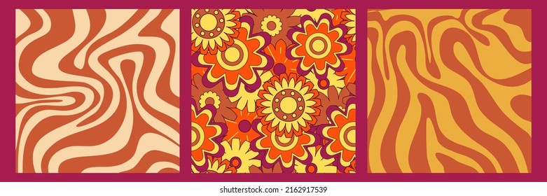 Groovy y2k retro pattern with flower and swirl 70s background. Daisy flower design. Abstract trendy colorful print. Vector illustration graphic. Vintage print. Psychedelic wallpaper