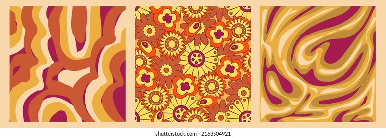 Groovy y2k retro pattern with flower and swirl 70s background. Daisy flower design. Abstract trendy colorful print. Vector illustration graphic. Vintage print. Psychedelic wallpaper