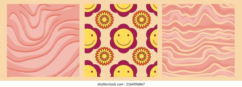 Groovy y2k retro pattern with flower and swirl 70s background. Daisy flower design. Abstract trendy colorful print. Vector illustration graphic. Vintage print. Psychedelic wallpaper