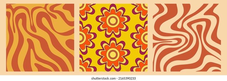 Groovy y2k retro pattern with flower and swirl 70s background. Daisy flower design. Abstract trendy colorful print. Vector illustration graphic. Vintage print. Psychedelic wallpaper