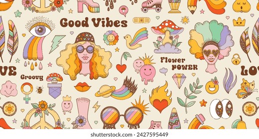 Groovy y2k retro pattern. Vector background with rainbow smiley face, groovy woman, cartoon flower. Seamless pattern. Smile sticker. Psychedelic background print with happy character. Vintage hippie