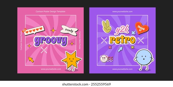 Groovy Y2K Retro Poster Templates with Playful Colorful Stickers. Social media post templates in cartoon style. Stars, sparkles, peace signs, and trendy phrases like Groovy and Retro