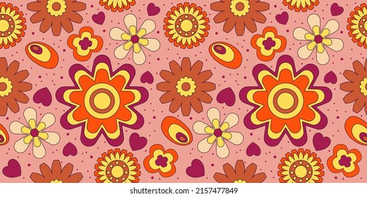 Groovy y2k patrón retro sin fisuras con flor y corazón. Ilustración vectorial retro. El fondo floral de Groovy. Ilustración de patrón hippie colorida y sin fisuras.