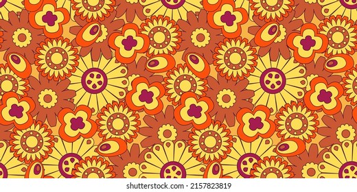 Groovy y2k retro seamless pattern with flower. Retro vector illustration. Groovy flower background. Colorful hippie seamless pattern illustration.