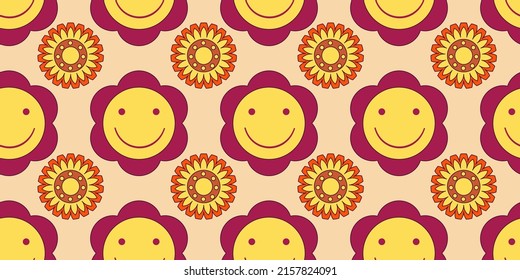 Groovy y2k retro seamless pattern with flower and smile . Retro vector illustration. Groovy flower background. Colorful hippie seamless pattern illustration.
