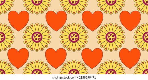 Groovy y2k retro seamless pattern with flower and heart. Retro vector illustration. Groovy flower background. Colorful hippie seamless pattern illustration.