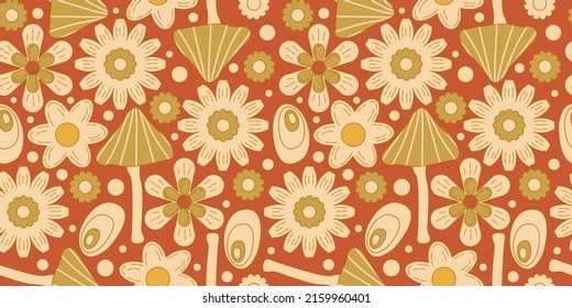 Groovy y2k retro seamless pattern with flower. Retro vector illustration. Groovy flower background. Colorful hippie seamless pattern illustration