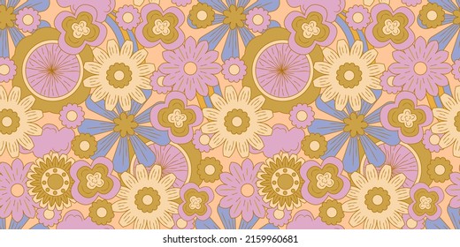 Groovy y2k retro seamless pattern with flower. Retro vector illustration. Groovy flower background. Colorful hippie seamless pattern illustration
