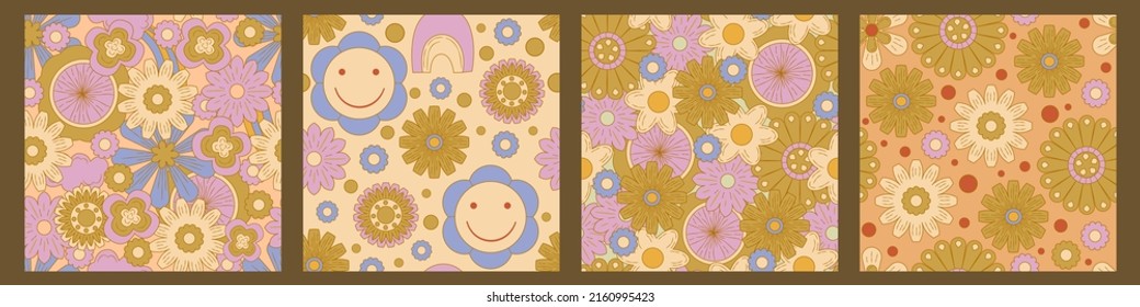 Groovy y2k retro seamless pattern with flower 70s background. Daisy flower design. Abstract trendy colorful print. Vector illustration graphic. Vintage print. Psychedelic wallpaper.