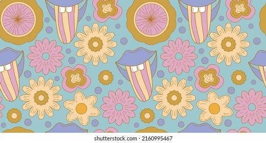 Groovy y2k retro seamless pattern with flower, lips. Retro vector illustration. Groovy flower background. Colorful hippie seamless pattern illustration.