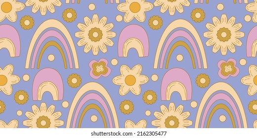 Groovy y2k retro seamless pattern with daisy flower, rainbow. Retro vector illustration. Groovy flower background. Colorful hippie seamless pattern illustration.