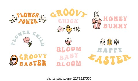 Groovy y2k retro summer and spring season party stickers set. Happy easter sticker design collection. Isolated on pink background. Vector illustration