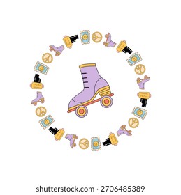 Groovy y2k Rollschuhschuh bildet einen farbenfrohen Kreisrand mit funky Retro Pop Stil Muster. Flache grafische Formen und lebendige 70er, 90er Jahre Palette, perfekt für moderne Designs.