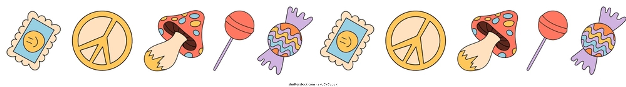 Groovy y2k nahtlose Rand doodle Muster in einem bunten Cartoon-Grafik-Stil. Psychedelische Retro-Elemente schaffen einen spielerischen, grafischen Look als einzigartige Grenze und lebendiges, sich wiederholendes Muster für kreative