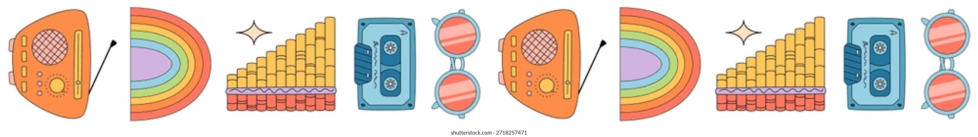 Groovy2k padrão de borda sem costura com elementos de música coloridos e formas de rádio, estéreo e alto-falante. retro vibe vintage estilo mistura com elementos lúdicos. Na moda, azul laranja brilhante criar um