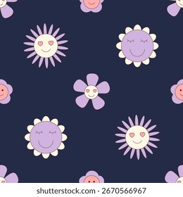 Groovy y2k seamless flower pattern with happy smile and heart face in cute cartoon graphic style. Colorful retro background for playful and trendy wallpaper or creative print use.