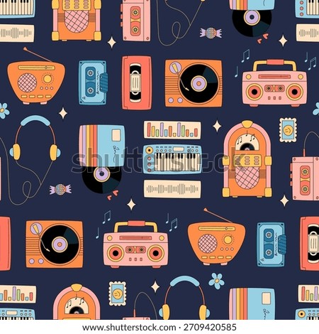 Groovy y2k seamless music pattern background, with colorful cassette, record, radio, boombox, headphones, and synthesizer in retro style. Vintage audio objects form playful seamless wallpaper.