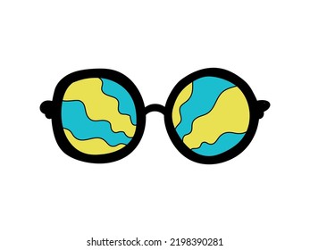 Groovy y2k sunglasses with bleu yellow waves and stroke hippy element. Funny cartoon vector illustration isolated on white background