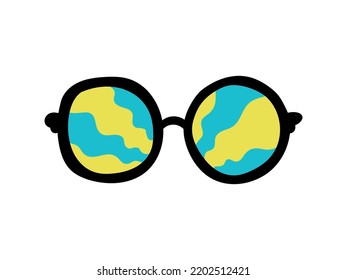 Groovy y2k sunglasses with blue yellow abstract waves. hippy element. Funny cartoon vector illustration isolated on white background