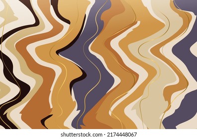 Groovy yellow abstract background with golden brush lines. Liquid drawing effect, concept of psychedelic depressive, distressed state. Vector illustration. Banner, curved stripes. Mixed groovy texture