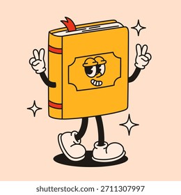 Groovy yellow book character. Flat vector illustration.