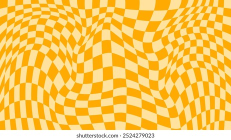 Groovy yellow checkered pattern background. Retro style background with twisted checkered pattern