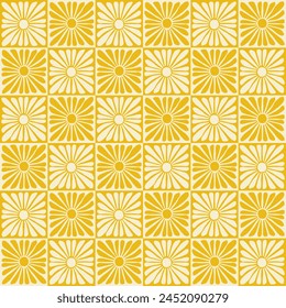 Groovy yellow floral seamless pattern. Checkered background with abstract sun. Modern trendy retro hippie 60s 70s style. Surface cover design. Fabric textile print.