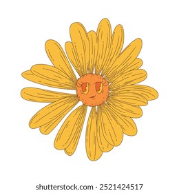 Groovy flor amarela com rosto bonito, psicodélico encantador camomila ilustração vetor