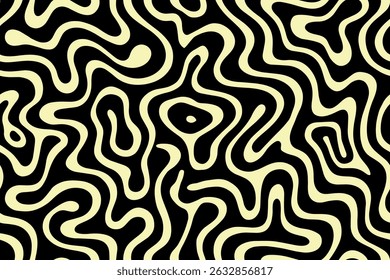 Groovy yellow lines swirling over black seamless retro background design