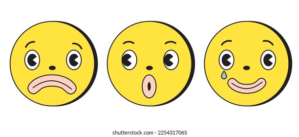 Groovy Yellow Retro Cartoon Emoticons. Sad, Surprised and Moved Faces isolated on a White Background. Simple Vector Illustration with Emoticons in Retro Style Drawing. Chat Emoji.
