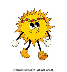 Groovy yellow sun character. Heavenly luminary. Funny sun in flower wreath. Retro cartoon character on white background.