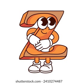 Groovy Z alphabet letter cartoon character with cute face. Funny retro font mascot standing, cartoon orange Z letter with brown border and smile, typography sticker of 70s 80s vector illustration