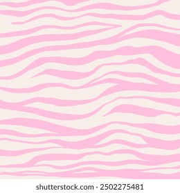 Groovy zebra pattern. Abstract zebra stripes background in groovy flat style. Animal skin tiger stripes collage background in pink and white colors. Hand drawn