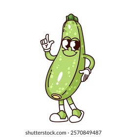 Groovy zucchini cartoon character walking with happy face. Funny retro squash with finger up. Vegetarian food ingredient mascot, cartoon cute zucchini sticker of 70s 80s style vector illustration