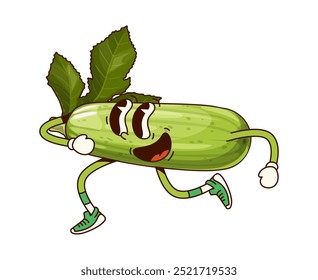 Carácter vegetal del calabacín Groovy. Personaje de calabaza juguetón de Vector de dibujos animados con una expresión alegre y verdes frondosos en la parte superior, con zapatillas deportivas y corriendo enérgicamente, promueve la salud y el fitness