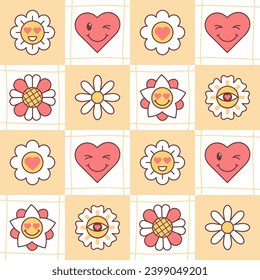 Groovyseamless patterns with smiling happy flowers, hearts and checkerboard grid. vector background in trendy retro 2000 style. Fun hippie texture for design