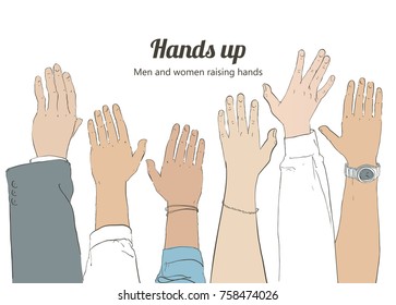 Grope of people men and women raising reaching hands up.  Isolated watercolor, line illustration on white background.