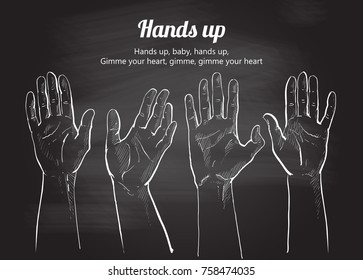 Grope of people men and women raising reaching hands up. Chalk drawing on the blackboard, isolated vector illustration.