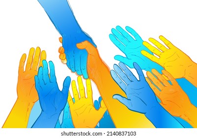 Grope of people raising reaching hands up. Helping Ukraine hand concept. Gesture, sign of help and hope logo. Hands taking each other, blue yellow flag colors. Support ukrainian refugee