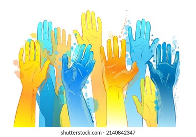 Grope of people raising reaching hands up. Helping Ukraine hand concept. Gesture, sign of help and hope logo. Blue yellow flag colors. Support ukrainian refugee