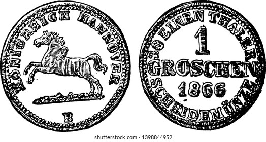 Groschen is a small silver coin of various kinds in Germany from the fourteenth century, vintage line drawing or engraving illustration.