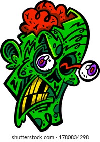 Gross angry zombie head with exposed brains and loose eyeball - cartoon illustration