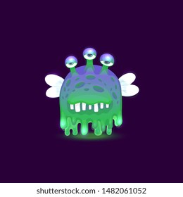 Gross cartoon alien monster with dripping slime skin with three bored eyes and glowing green and purple color flying on white wings, isolated mutant creature vector illustration